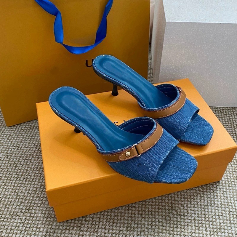 Designer Wedge Heel Sandals Baotou One Line Buckle Shallow Mouth Denim Slippers Simplicity Comfort Casual Versatile Women Slipper Shoe
