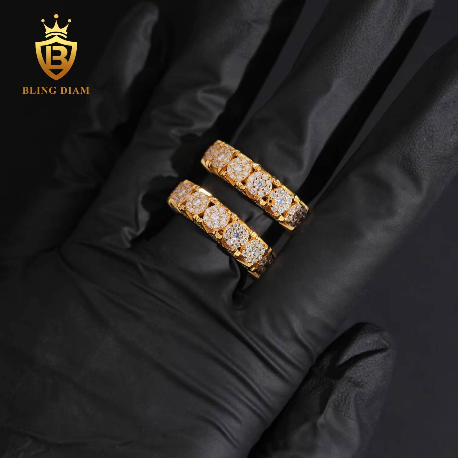 New Design Iced Out Gold Plated Hip Hop Rings 925 Sterling Silver Fully Moissanite Custom Rings for Men