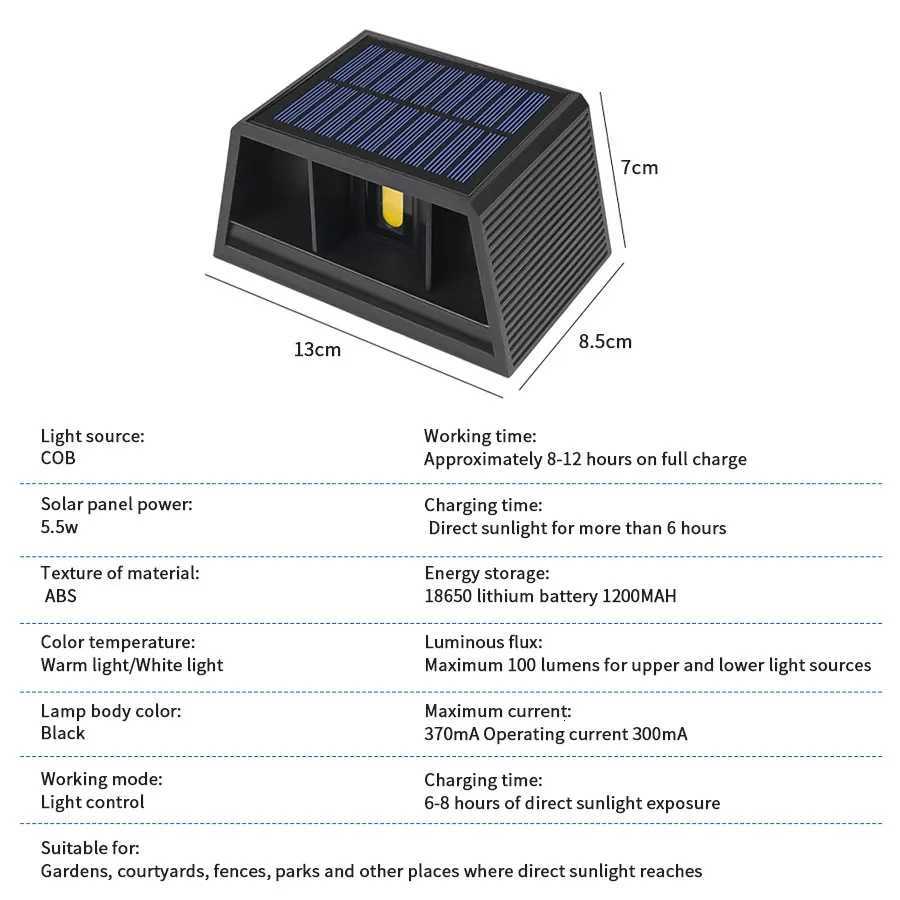 COB Outdoor Led Solar Light Garden Fence Wall Lamp Sunlight Dusk to Dawn Waterproof Up and Down Adjustable for Yard PathwayM251127