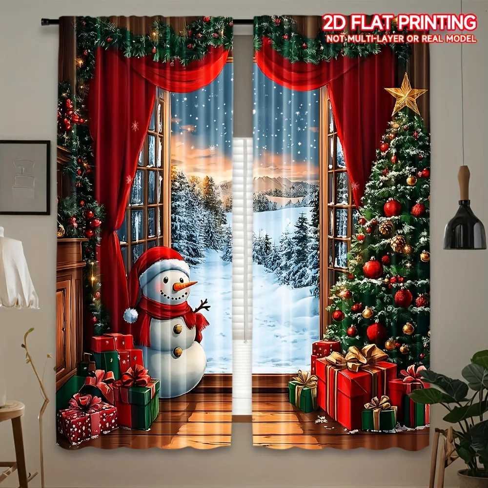 Curtain Christmas 2PCS Christmas Curtains - Santa Snowman Scene Rustic Wood Background Xmas Tree Gifts Sheer Polyester Rod Pocket Y251126