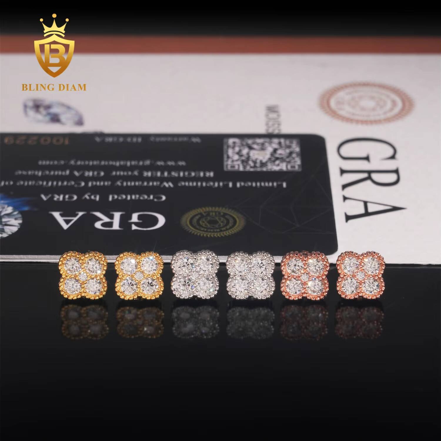 Wholesale Jewelry 925 Sterling Silver Vvs1 Moissanite 4 Four Leaf Clover Stud Earrings Rose Gold Plated Gra Certificate