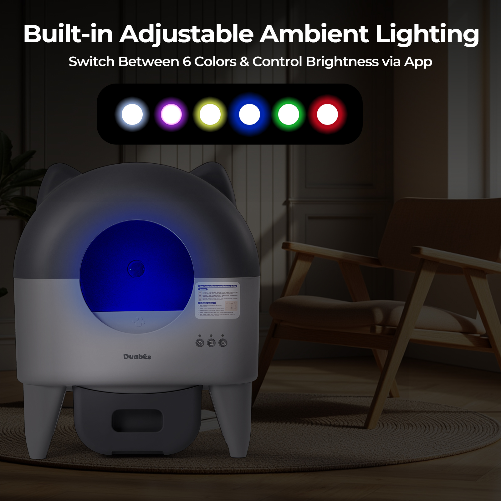 Self Cleaning Cat Litter Box: Extra Large Automatic Litter Box for Multiple Cats, Odor-Free, App-Controlled, Ambient Light Waste Disposal