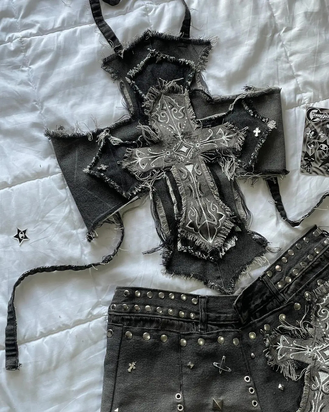 Y2K Street Clothing Ski Set Womens Gothic Retro Dark Cross Pattern Patch Denim Mini Ski Hanger Top Harajuku Ultra Thin Fit Ski Set 250422