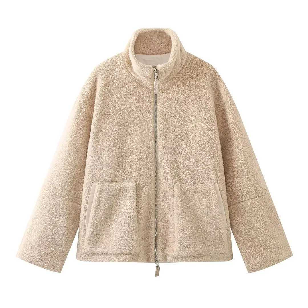 Lamb Wool Jacket Women Winter Fashion Stand Collar Zipper Pocket Long Sleeve Tops Warm Thicken Fleece Coat Streetwear OvercoatsXJ251127