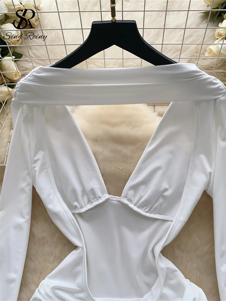 SINGREENY American Senior sexy dress deep V-neck long sleeved backless fashion womens spicy short skirt 250427