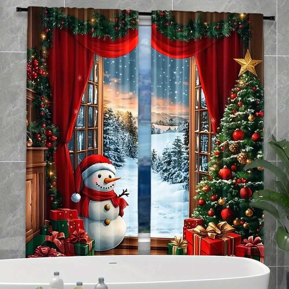 Curtain Christmas 2pcs The scene of Santa Claus and the snowman simple wood printed curtains - home decor room decor Y251126