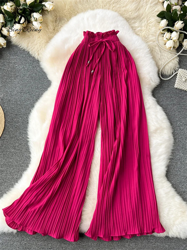 Singreiny Bandage Basual Pants Womens Summer Extra Large Wide Leg Pants High Waist Solid Long Wrinkle Trouser 250427