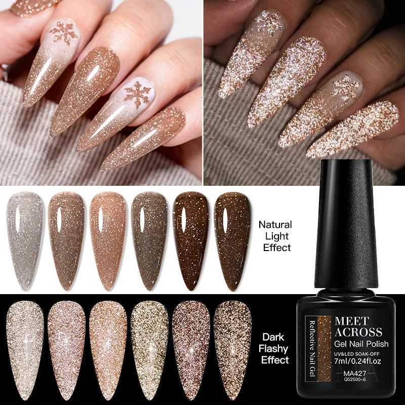 6pcs Coffee Brown Reflective Glitter Gel Nail Polish Set Dark Flashy Semi Permanent Soak Off UV Gel Varnish Nail Supplies SalonT251127
