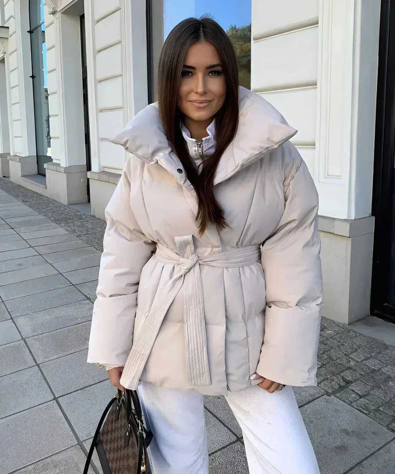 Zekye Womens Puffer Coat Large Lapel Collar Belted Waist Mid-Length Warm Winter Jacket Fashion Loose Padded OuterwearXJ251127