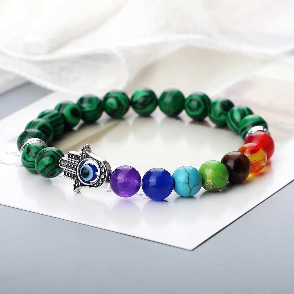 7 Chakras Men Natural Tiger Eye Stone Lava Onyx Agates Beads Turkish Evil Eye Hand Of Fatima Jewelry Bangles C251105