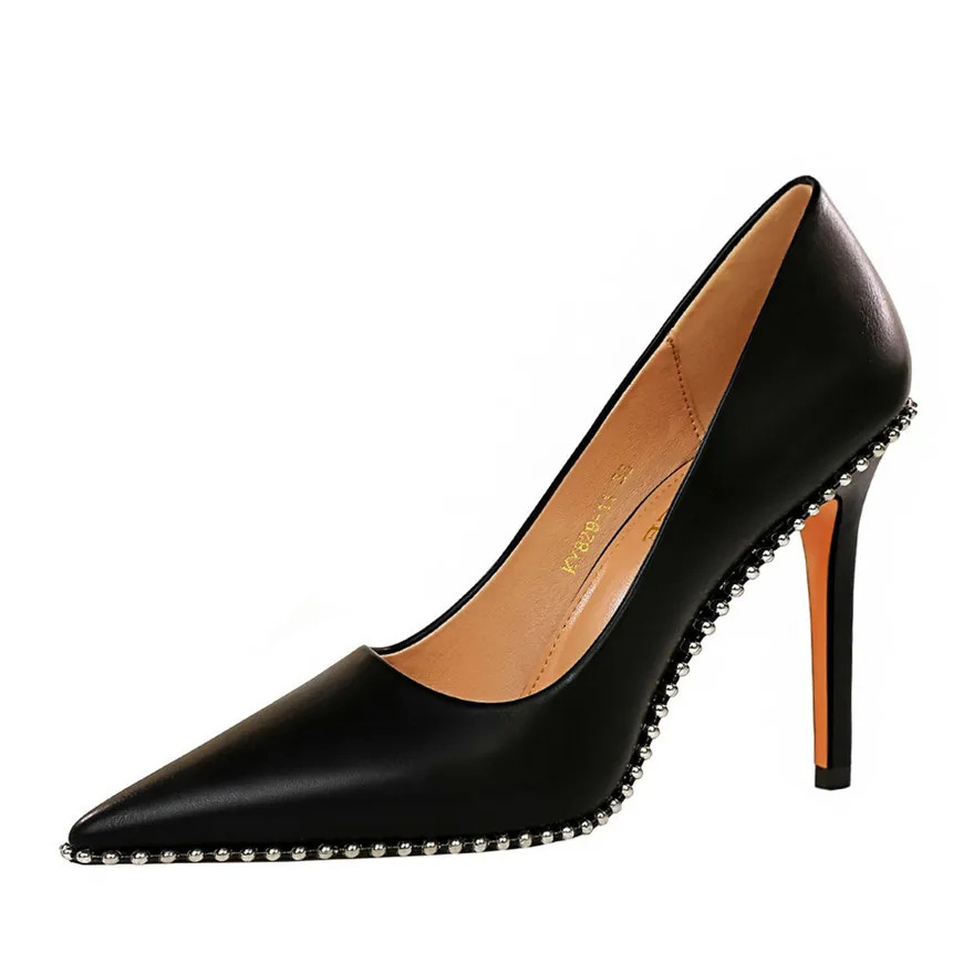 BIGTREE Sexy Rivets String Bead Womens Shoes Party Soft Leather Pointed Toe High Heels Pumps Spring Shallow Office Shoes Women 251125