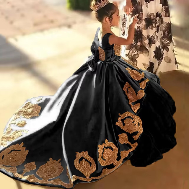 Flower Girl Dress with Beading for Kids Long Girls Birthday Dresses Lace Up Back Satin Clothes Pageant Gown 240428