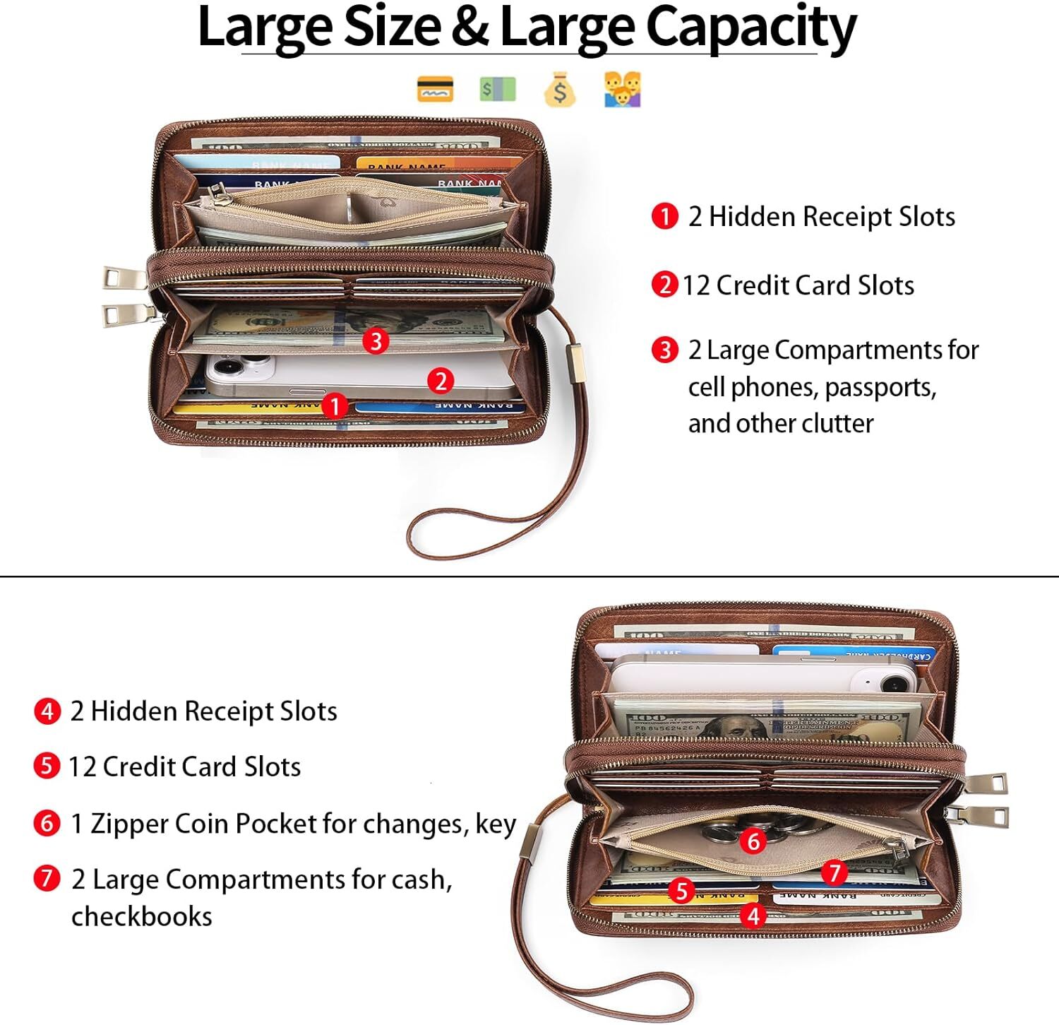 GAEKEAO Women's RFID Shielded Leather Wristband Wallet Large Capacity Credit Card Bag with Hand Strap, A01 Brown, Classic