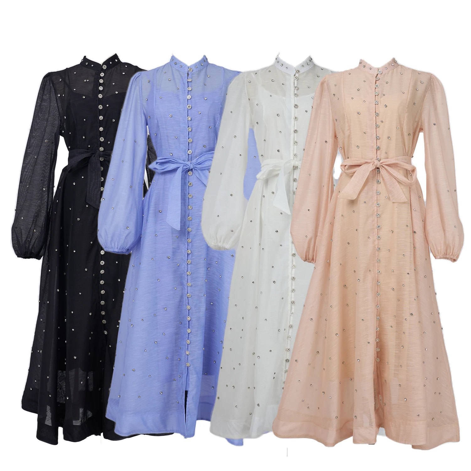 Crystal Long Dress Women Summer 2025 Spring See Through Cotton Linen Dresses Full Sleeve Evening Vestidos Party Robe