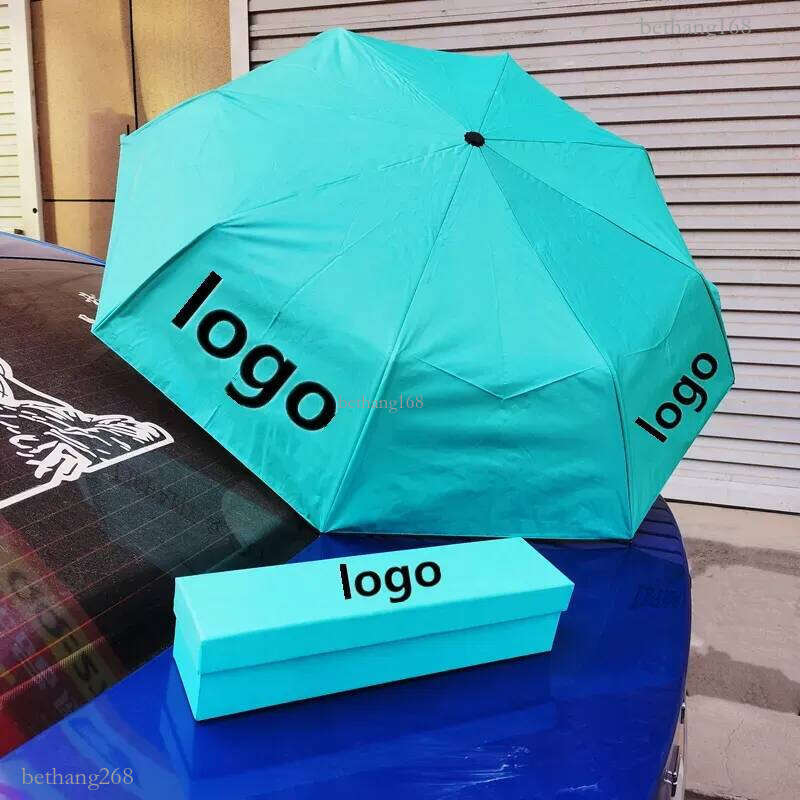 Designer Blue Umbrella Sun Protection Snow Protection Rubber Classic Letter Logo Printing Fully Automatic Three fold Umbrella Car Umbrella Gift Box Um