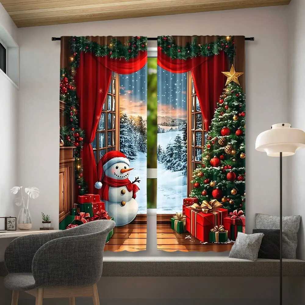 Curtain Christmas 2pcs The scene of Santa Claus and the snowman simple wood printed curtains - home decor room decor Y251126