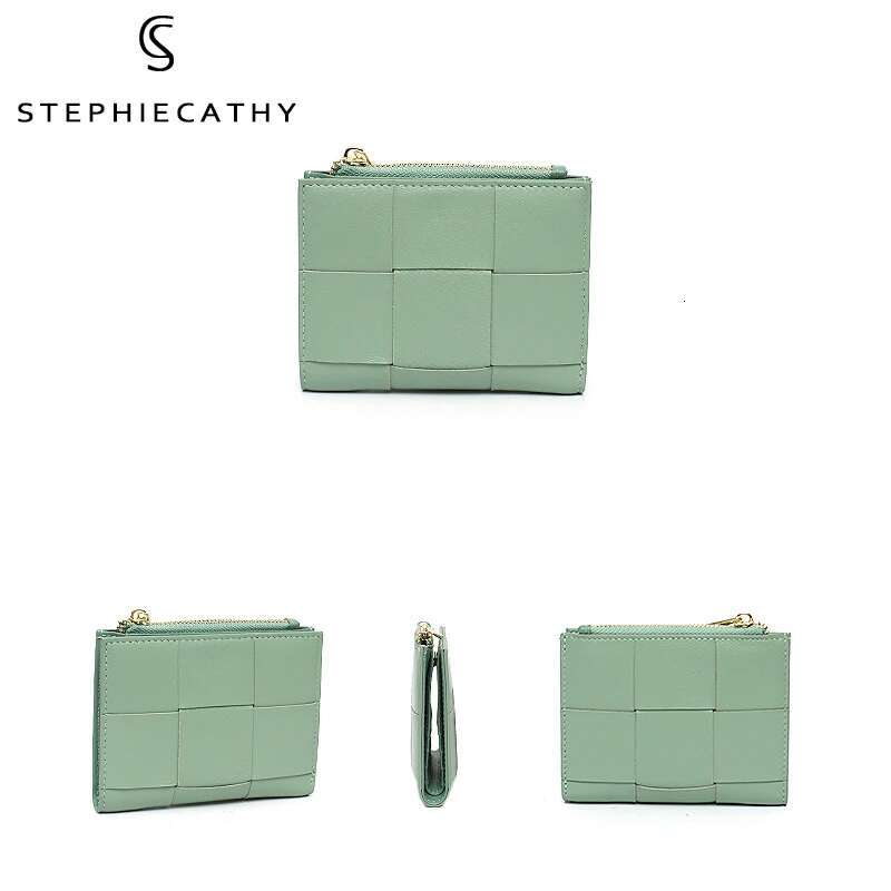 Fashionable Sheepskin Woven Small Wallet Women Brand Design Bifold Zip Closure Real Leather Coin Purses Card Holders Money Bag Designer Wallet