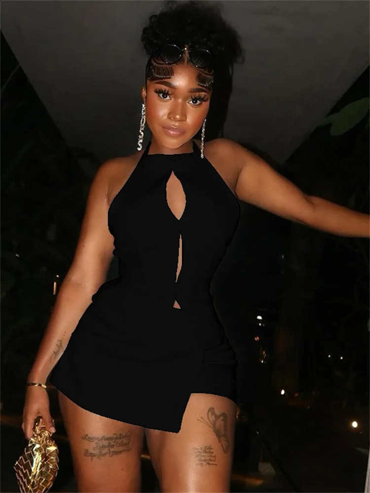 Strange Cat Irregular Sexy 2-piece Womens Ring Hollow Knot Backless TopThin Peach Hip Tight Midnight Girl Wild Set 250423