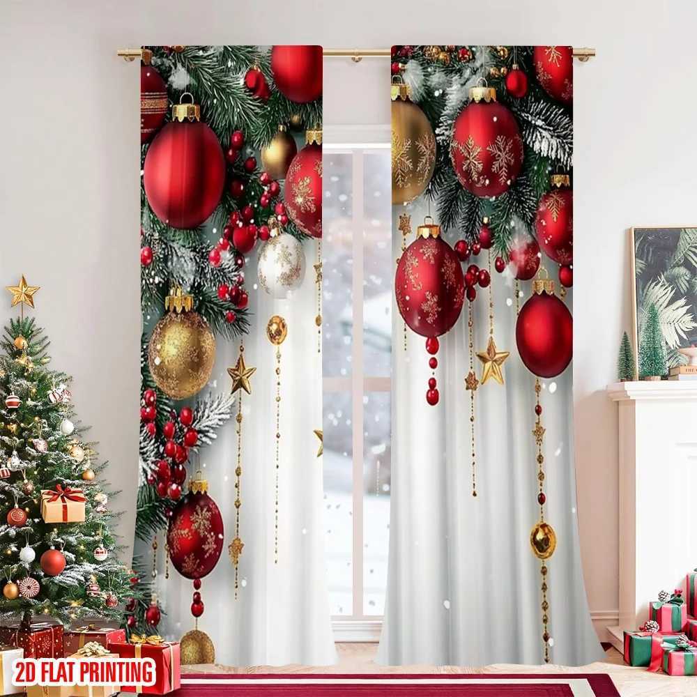 Curtain Christmas 2pcs 2D flat printing Fashionable Christmas Curtains Red and Gold Ball Pine Branch Snowflake Digital Printed Polyester Drapes Y25112