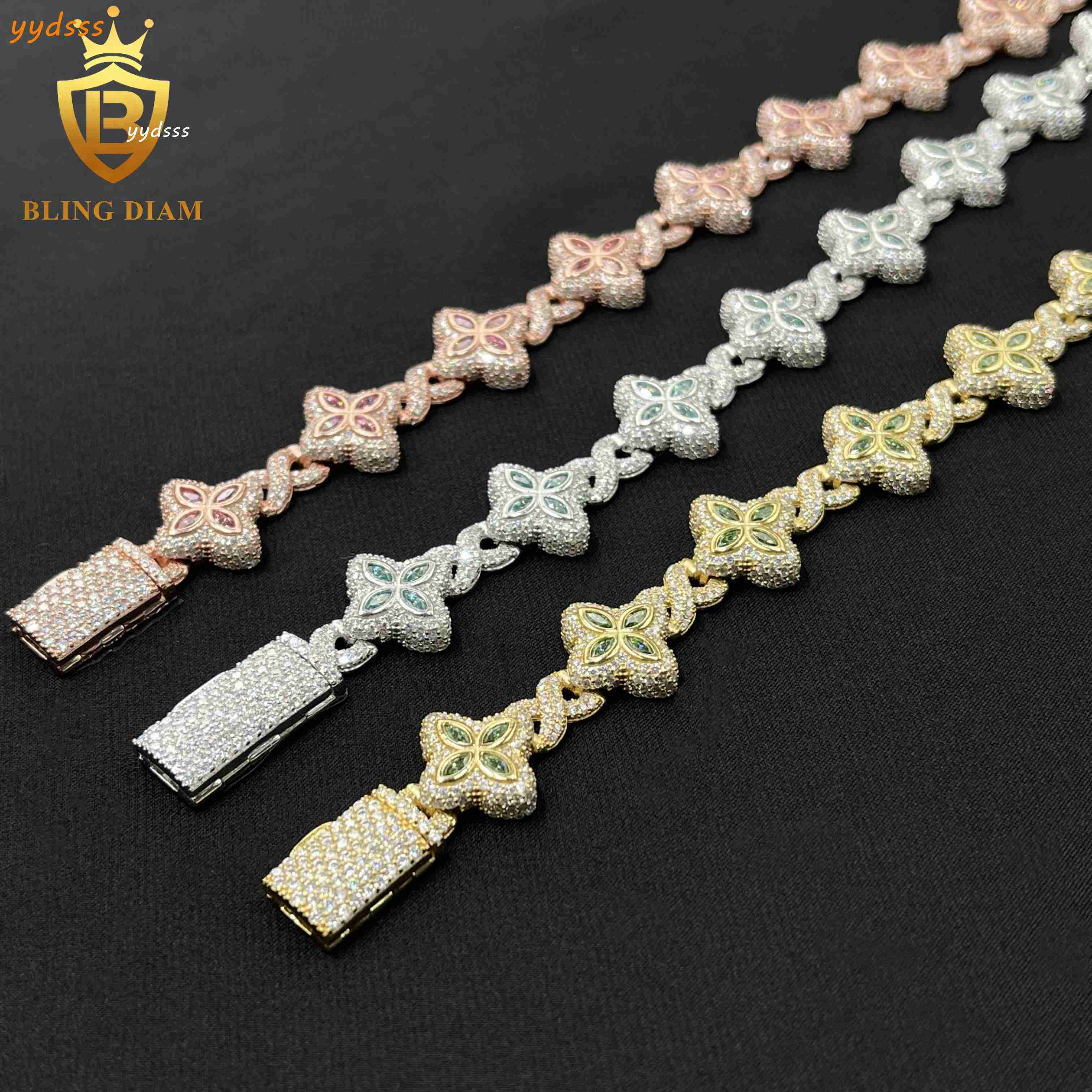 Blingdiam Jewelry 15mm Marquise Flower Design Four Leaf Clover 925 Silver Iced Out Moissanite Cuban Link Bracelet Men Women