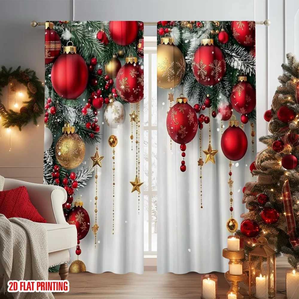 Curtain Christmas 2pcs 2D flat printing Fashionable Christmas Curtains Red and Gold Ball Pine Branch Snowflake Digital Printed Polyester Drapes Y25112