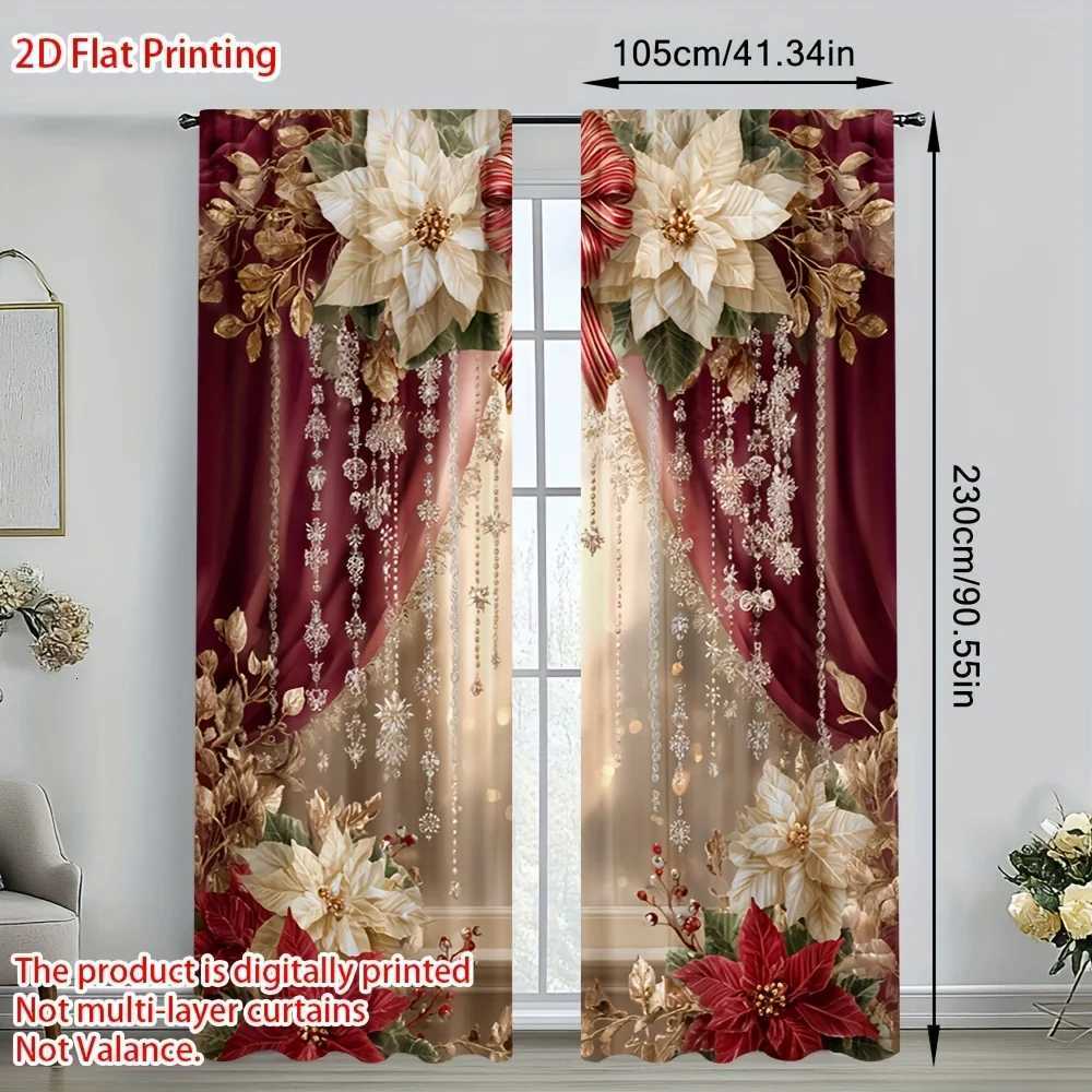 Curtain Christmas 2pcs Elegant Christmas Print Curtains Poinsettia Gold Floral Design for Bedroom Living Room Kitchen Office Y251126