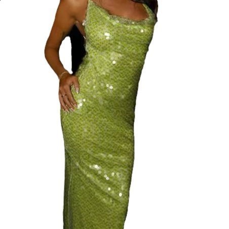 Basic Casual Dresses Green Sequin Glitter Backless Maxi Dress For Women Sexy Swing Collar Sleeveless Skinny Long Vestidos Elegant Night Party Robe 230