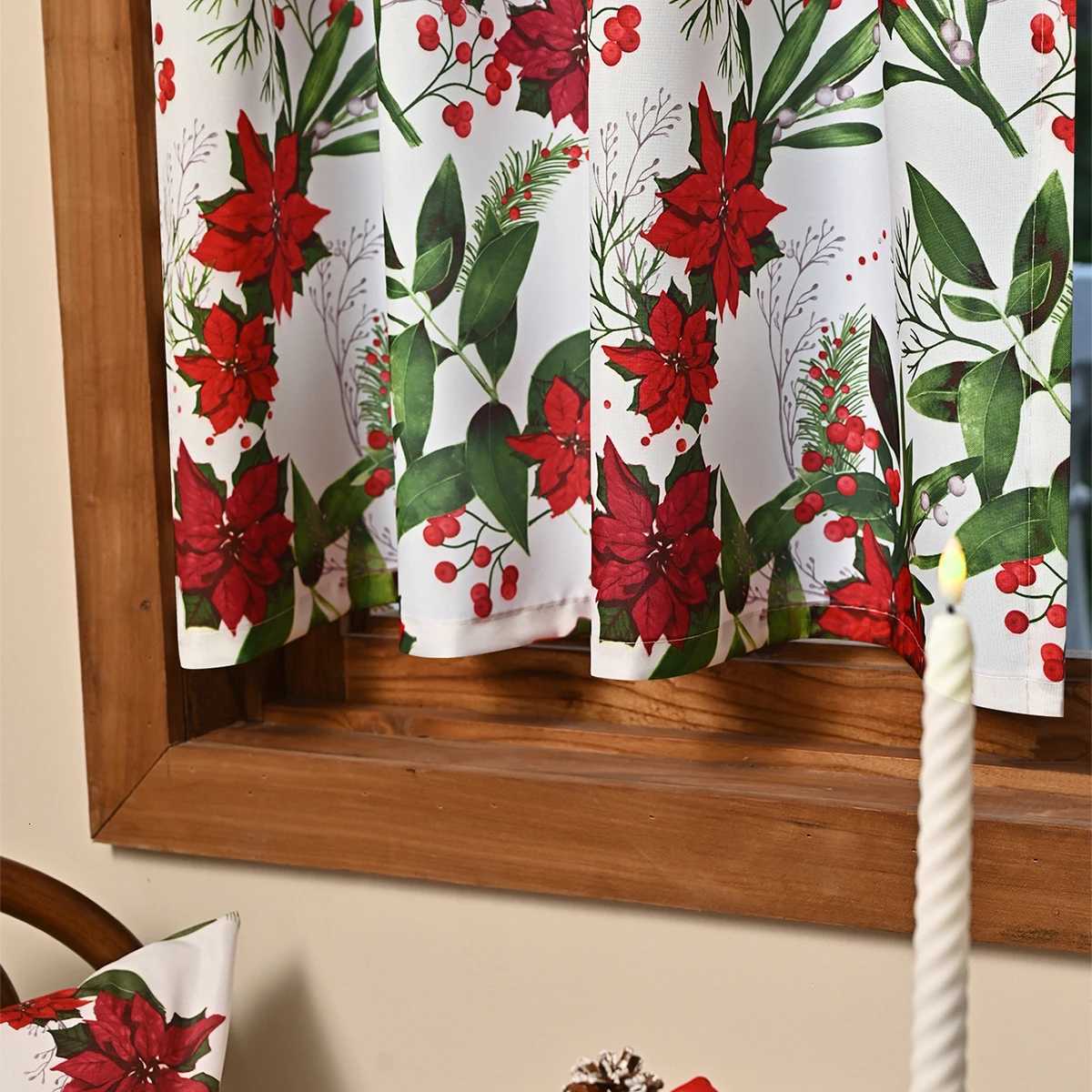 Curtain Christmas 1PC Christmas Poinsettia Printed Rod-Pocket Short Curtain Suitable for Christmas Festival Curtain Decoration and Embellishment Y2511
