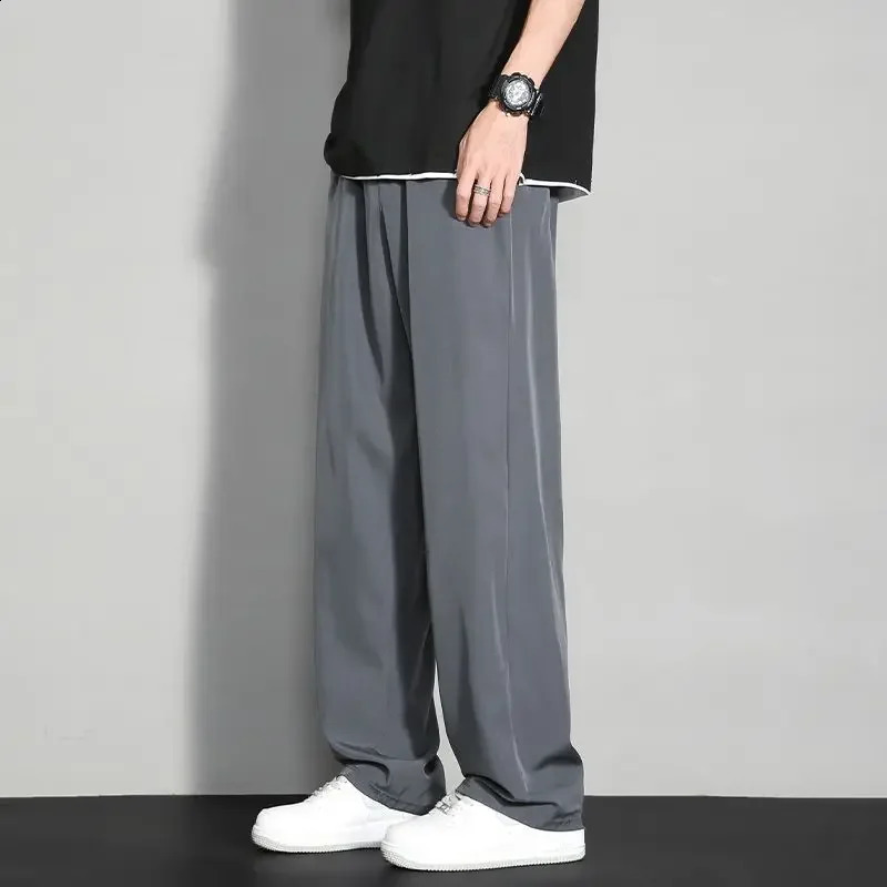 Mens ice silk wide leg pants thin mens black comfortable quick drying pants summer loose casual street loose pants 250427