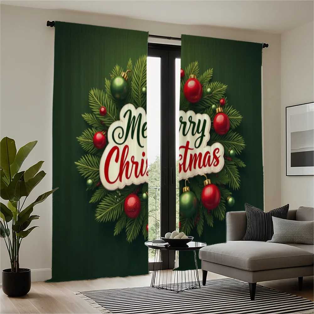 Curtain Christmas 2pcs Festive Christmas Curtains - Green with Red White Ornaments Merry Christmas Text Semi-Transparent Polyester Rod Pock Y251126