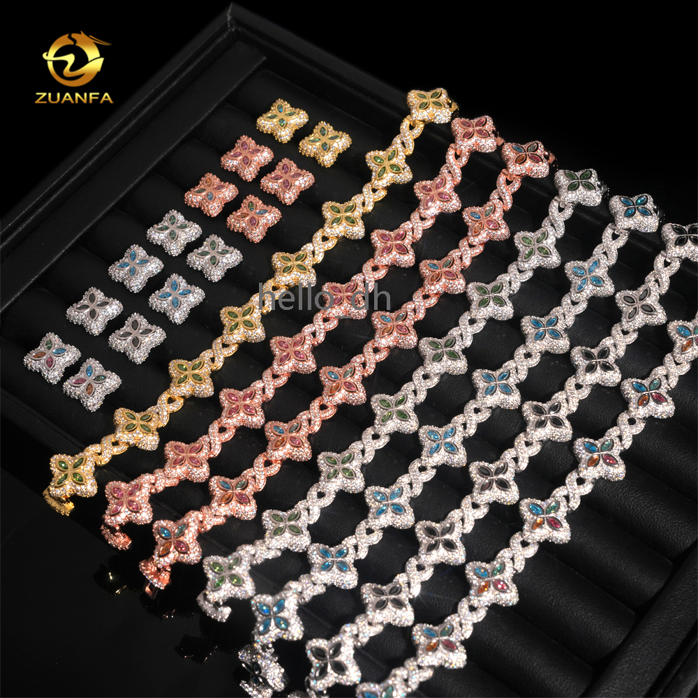 Hot Sale 15mm Color 925 Silver Moissanite Diamond Hip Hop Jewelry Iced Out Moissanite Cuban Link Bracelet Earring Set