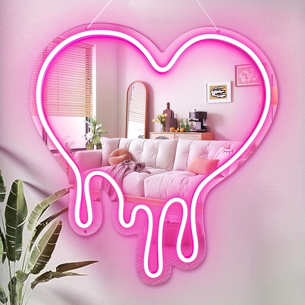 Melted Heart-shaped Neon Light Wall Mirror - Heart-melting wall decor,decorative wall mirror. Perfect for bedroom, girls' room, parties, studios,