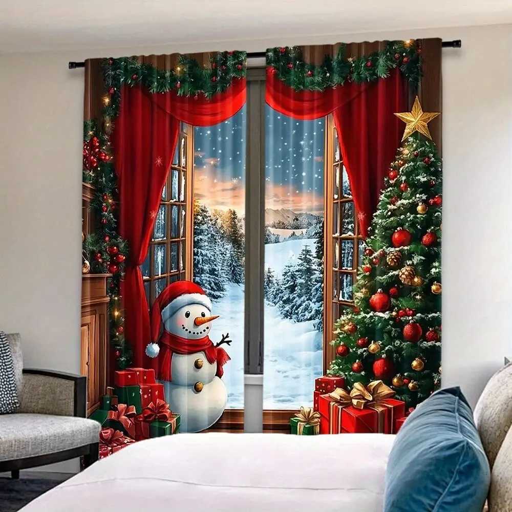 Curtain Christmas 2pcs The scene of Santa Claus and the snowman simple wood printed curtains - home decor room decor Y251126