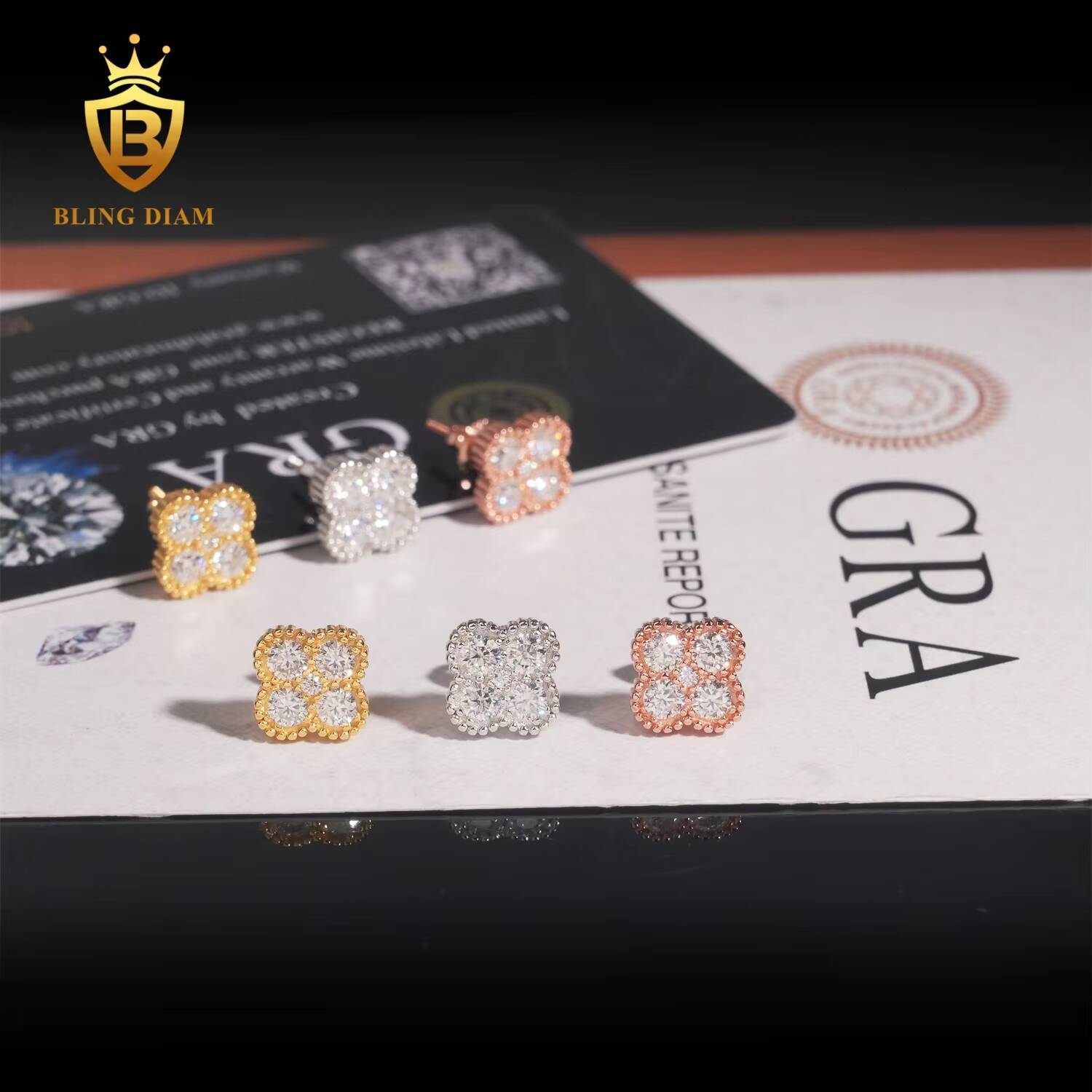 Wholesale Jewelry 925 Sterling Silver Vvs1 Moissanite 4 Four Leaf Clover Stud Earrings Rose Gold Plated Gra Certificate