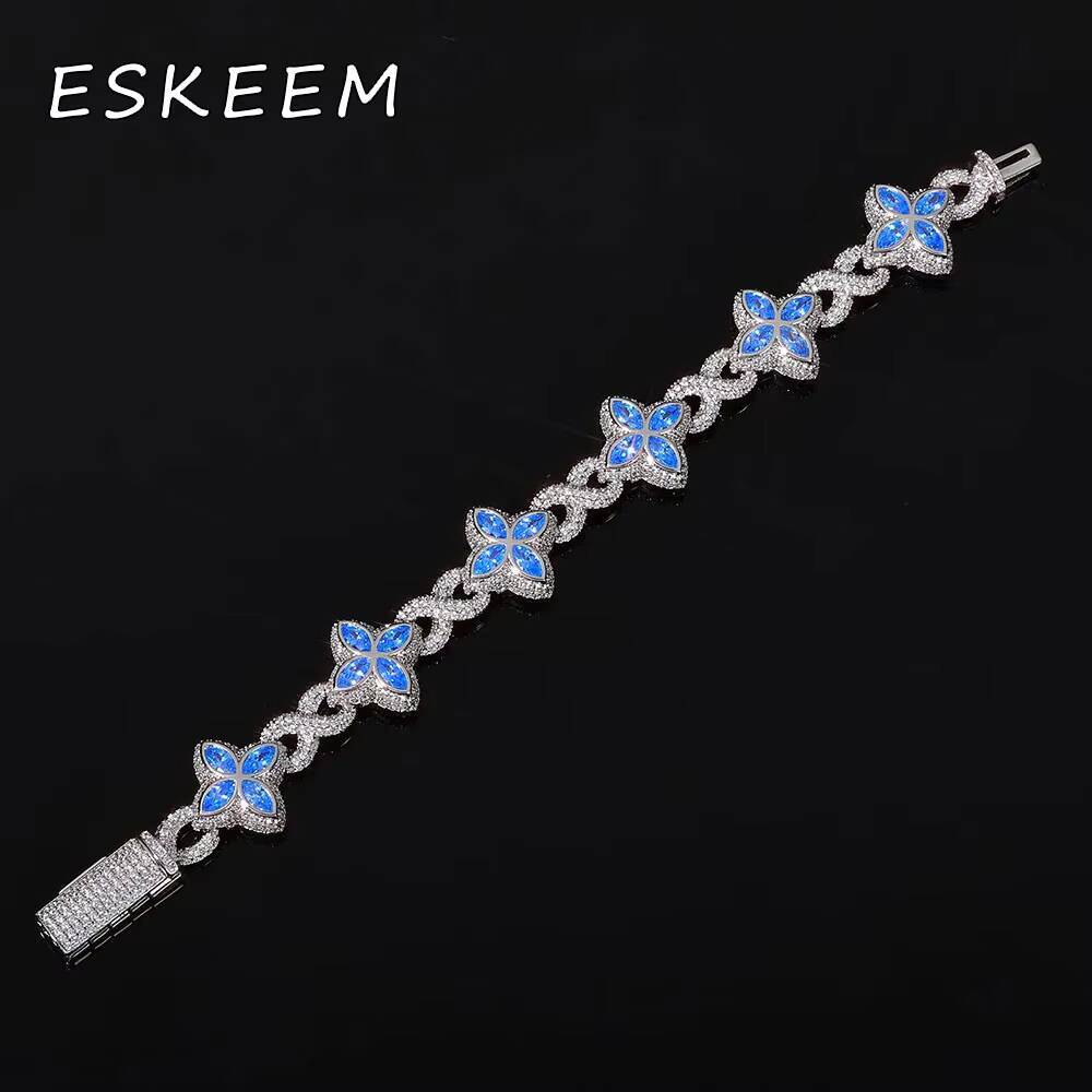 Eskeem Infinite Miami Cuban Chain Bracelet Blue Four Leaf Clover Iced Zircon Hip Hop Fine Jewelry