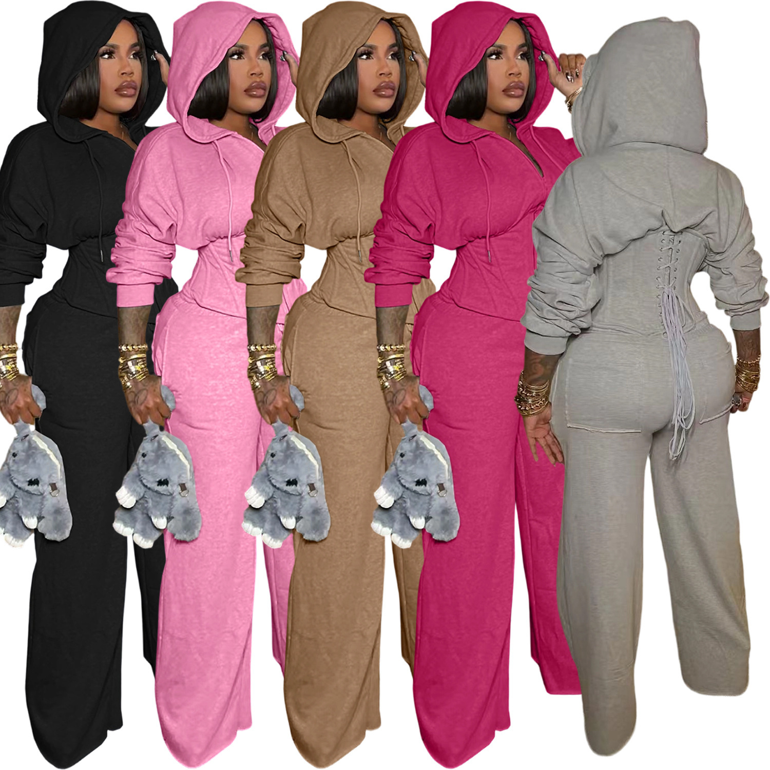 Womens Tracksuits Two Pieces Set 2025 New Fashion Clothing Personality Tie Waist Casual Pants Set Including Fishbone 5 Colors