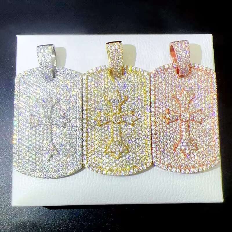 Hip Hop 925 Silver Iced GRA VVS Moissanite Cross Shield Dog Plate Pass Diamond Tester Bling Pendant Charm for Men Jewelry Chain