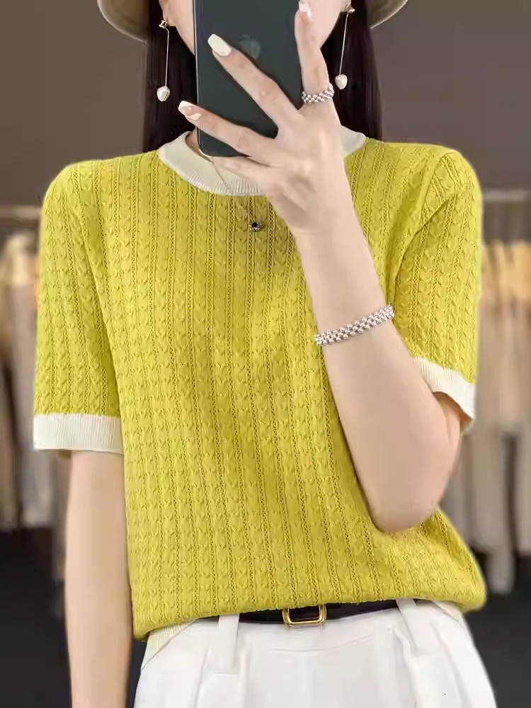 2025 Summer New Women's Round Neck Color blocked Ice Silk Knitted Short Sleeve Base Shirt Women's Hooded T-shirt Top