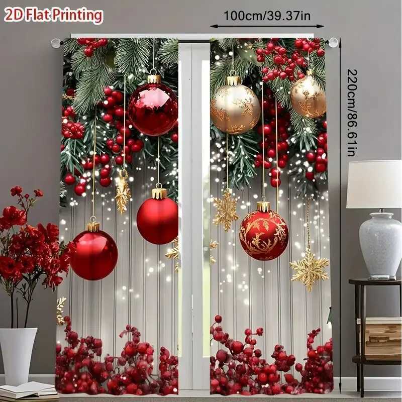 Curtain Christmas 2pcs - Christmas pine branches Christmas balloons print curtains pole bag curtains home decoration room decoration Y251126