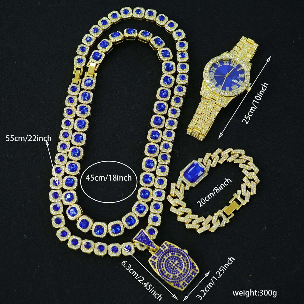 Hip Hop Fashion Creative Dia Pendant Square Sugar Blue Cuban Chain Necklace Men's Watch Set Gift Box