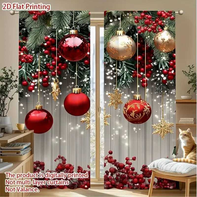 Curtain Christmas 2pcs - Christmas pine branches Christmas balloons print curtains pole bag curtains home decoration room decoration Y251126