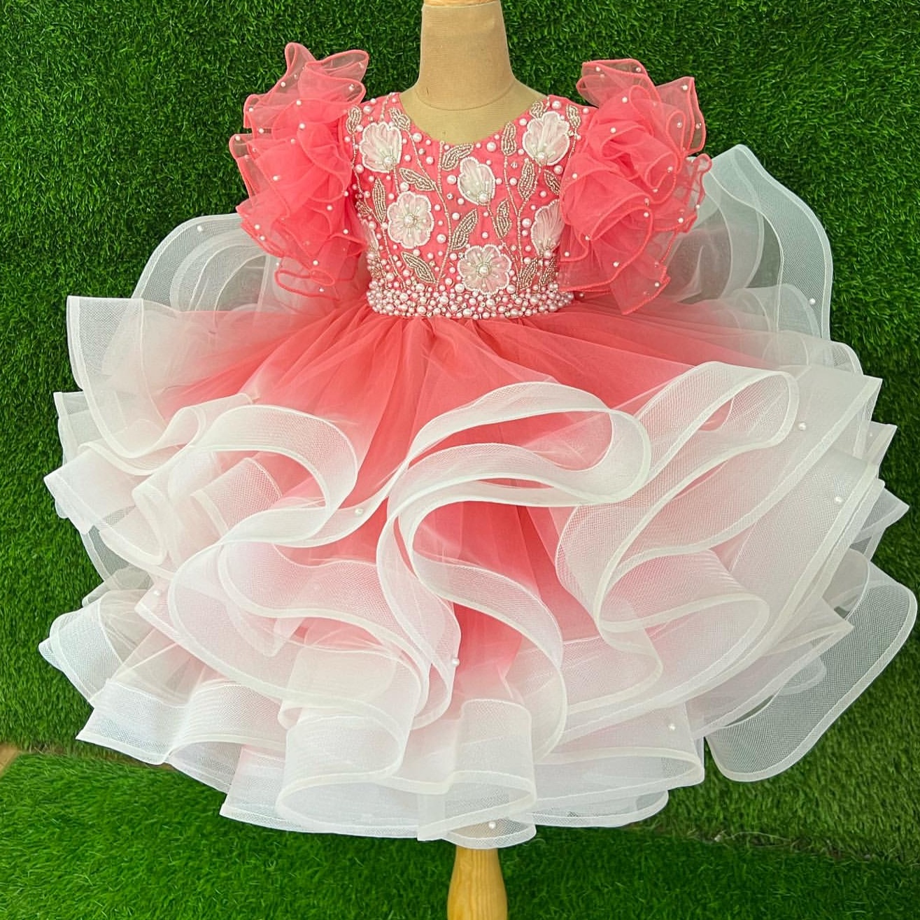 2026 Water Melon Ball Gown Flower Girl Dresses Appliques Pearls Tiers Tulle Little Girl Christmas Peageant Birthday Christening Tutu Dress Gowns ZJ422