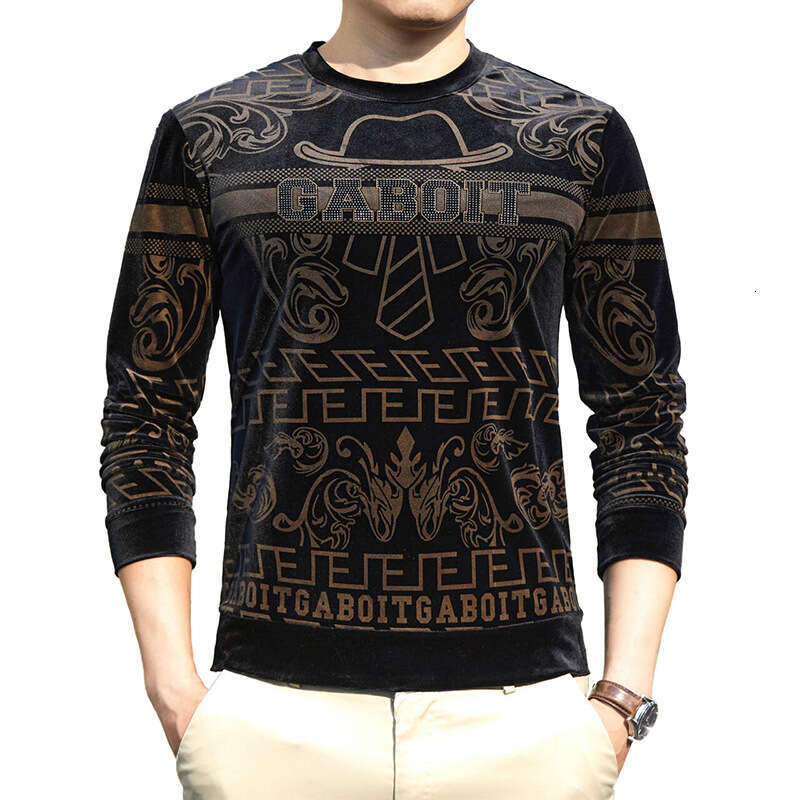 Trendy Brand Light Luxury Velvet Sweatshirt Slim Fit Jacquard Autumn New Men's Long Sleeve T-Shirt Casual Base Shirt