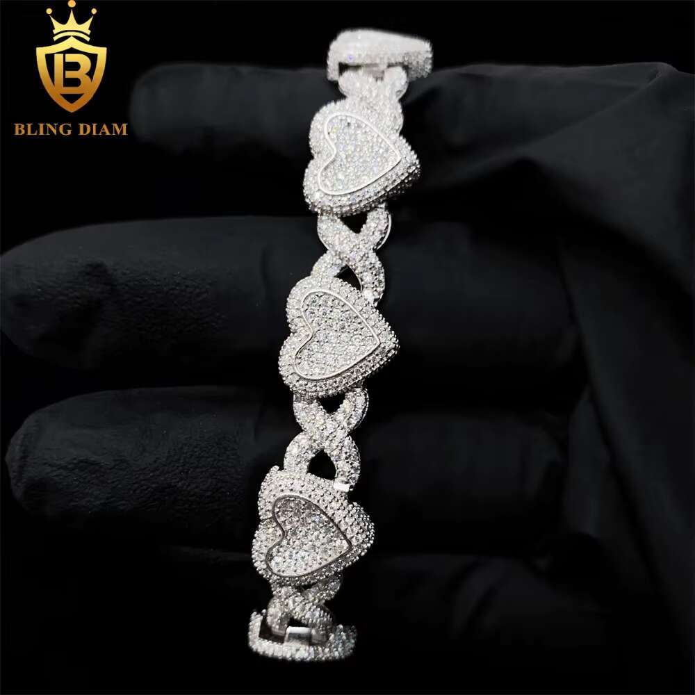 Bling Diam 9mm 925 Sterling Silver VVS Moissanite Iced Out Gold Plated Cuban Link Heart Shape Bracelet Hip Hop Jewelry