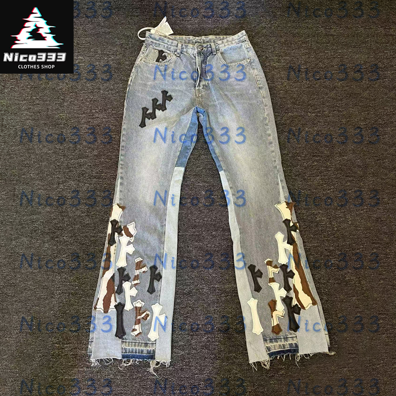 GA flared jeans Leopard print leather pattern splicing color clashing design leg frayed loose versatile heavy street men and women casual straight flare jeans