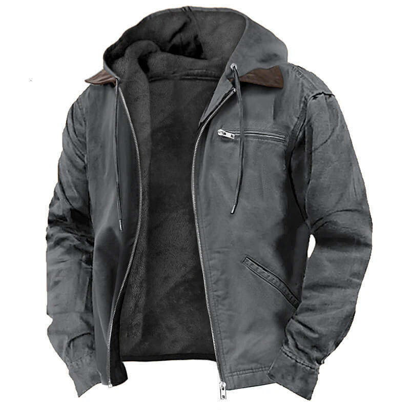 European and American Cross-Border E-commerce Exclusive Solid Color Hooded Cotton Casual Men's Fleece-Lined Zipper Pocket Jacket Coat - view 5
