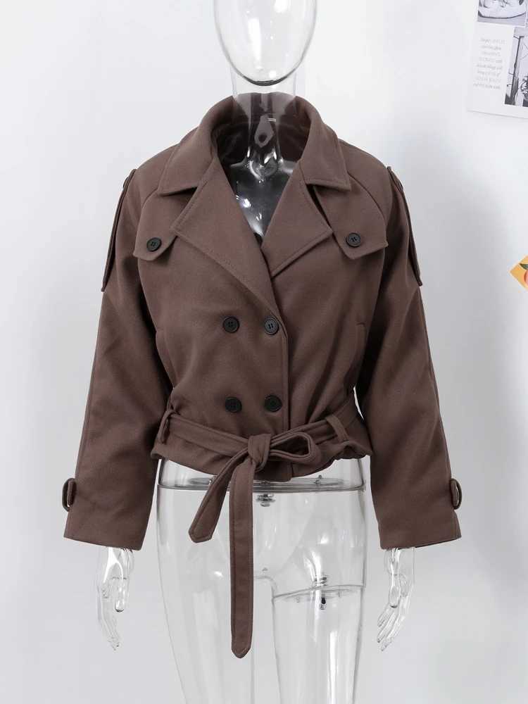 Solid Short Trench Coats For Women Lace Up Double Breasted Full Sleeves Jackets 2025 Autumn Winter Fashion High Streetwears LadyXJ251127