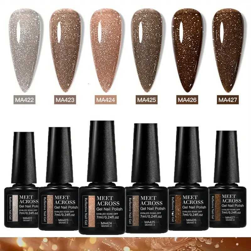 6pcs Coffee Brown Reflective Glitter Gel Nail Polish Set Dark Flashy Semi Permanent Soak Off UV Gel Varnish Nail Supplies SalonT251127