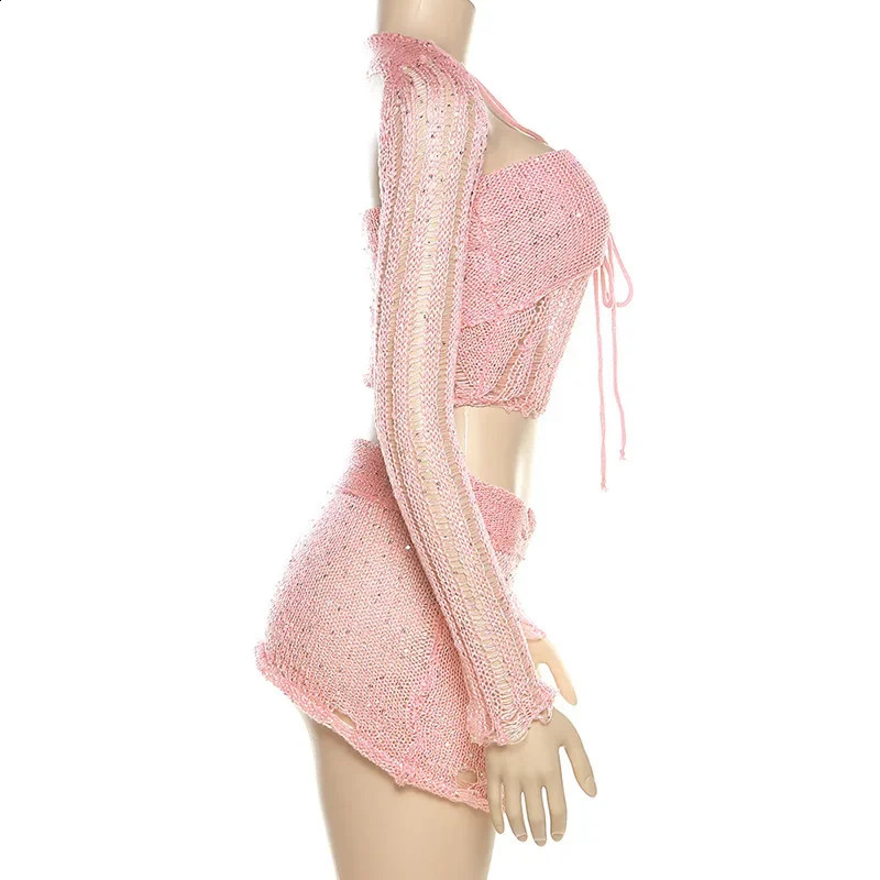 See Through Hollow sequin Knitted Tight Dress Womens Summer Beach Set Long Sleeve Crop Top Mini Tight Dress Set 250423