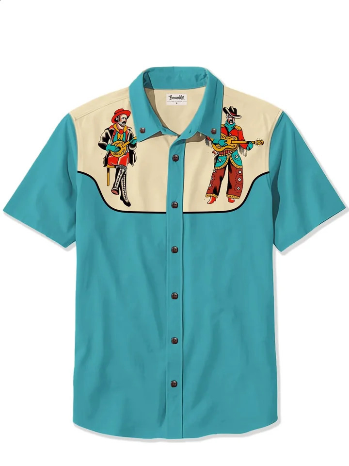 Mens Western Cowboy Style Short Sleeve Shirt Comfortable and Breathable Summer Art Button High Quality 250422